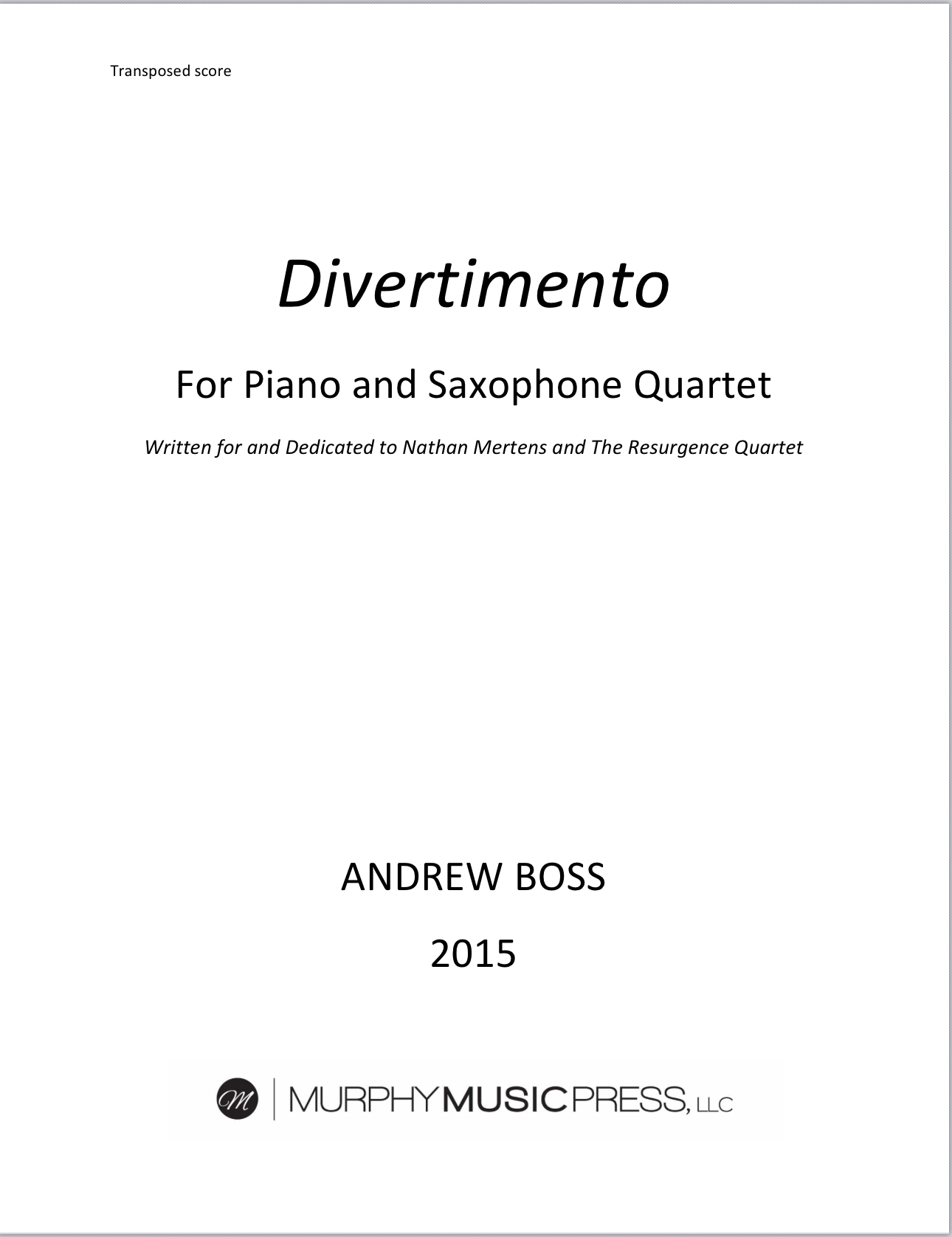 ディヴェルティメント（アンドリュー・ボス）（サックス四重奏+ピアノ）【Divertimento】