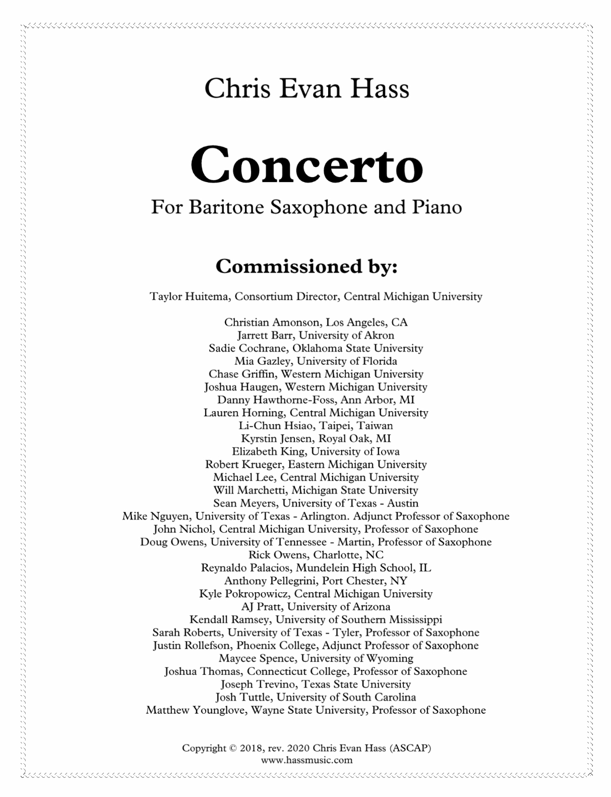 Concerto For Baritone Saxophone And String Orchestra (Piano Reduction) by Chris Evan Hass