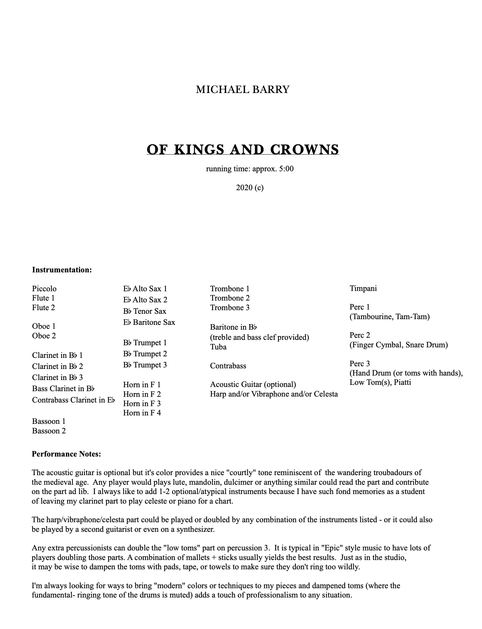 Of Kings And Crowns (Score Only) by Michael Barry